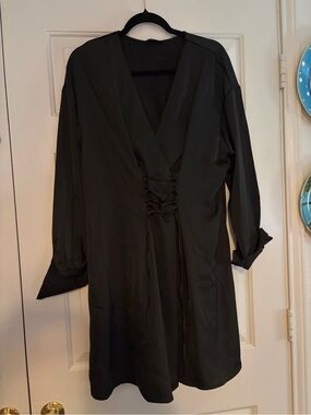 Black Wrap Front Dress with Lace-Up Detail